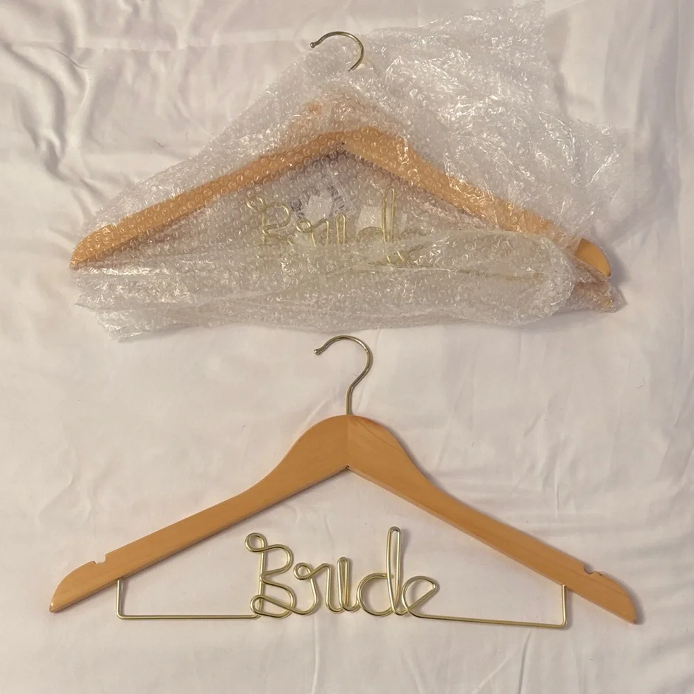 “Bride” Custom Gold Wire & Wood Wedding Dress Hanger